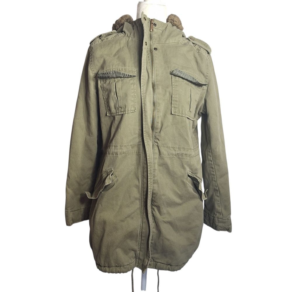 Old Navy Hooded Parka Utility Jacket Faux Sherpa Cotton Olive Medium Womens